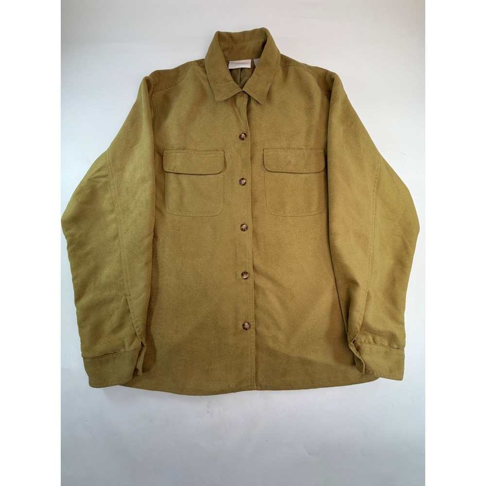 Liz Claiborne Lizwear Jeans Faux Suede Shacket Olive Gold Button Front Medium